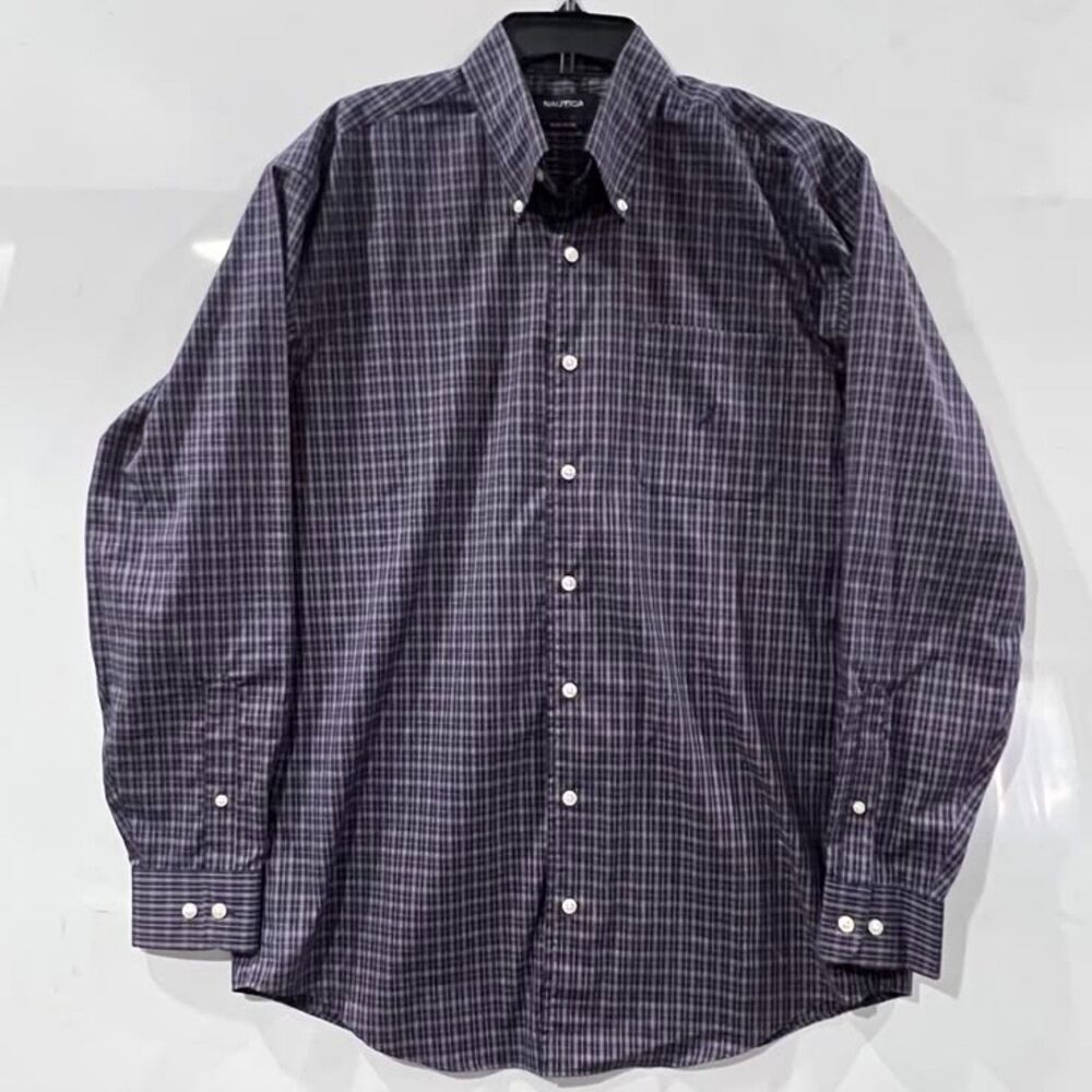 Nautica Non-Iron Cotton Navy Orange Plaid Button Down Shirt Neck 16 Sleeve 34/35